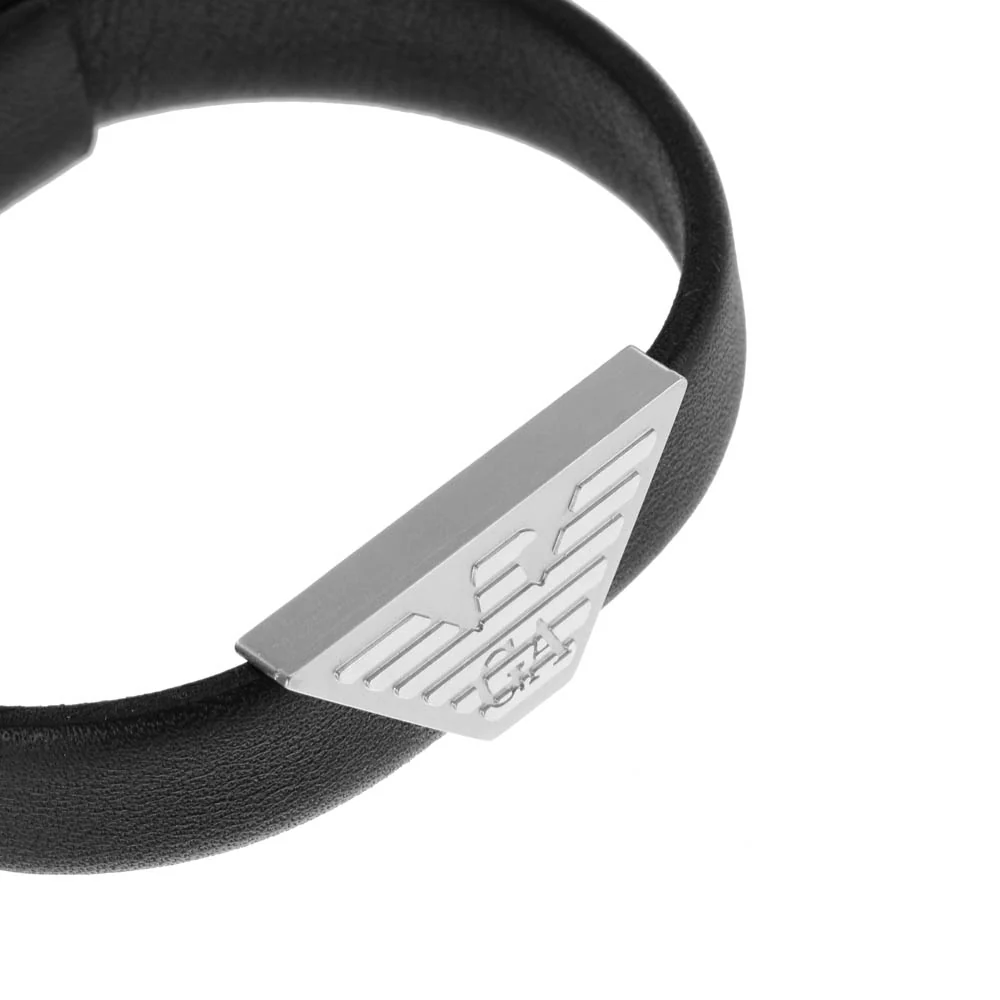 Emporio Armani Stainless Steel Black Leather ID Bracelet - Image 2