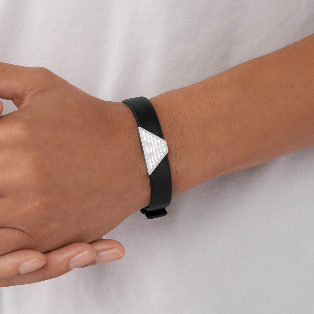 Emporio Armani Stainless Steel Black Leather ID Bracelet - Image 6