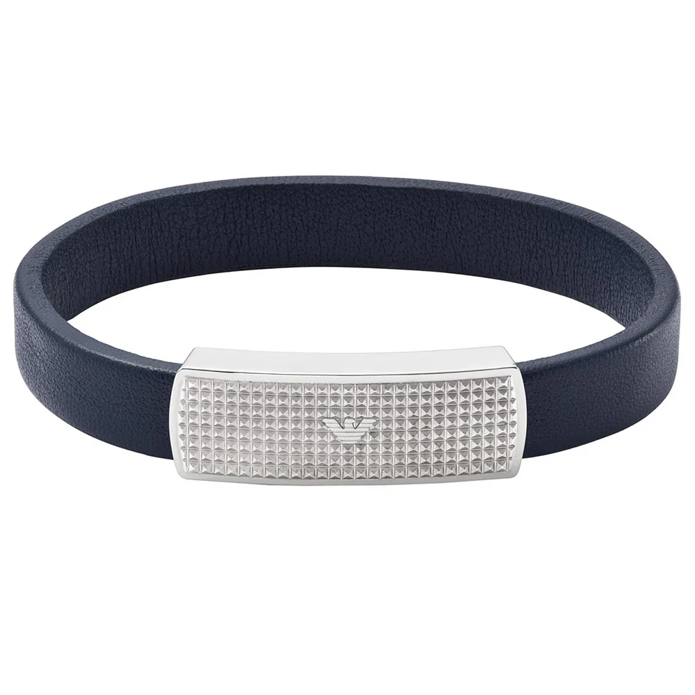 Emporio Armani Stainless Steel Blue Leather ID Bracelet - Image 4