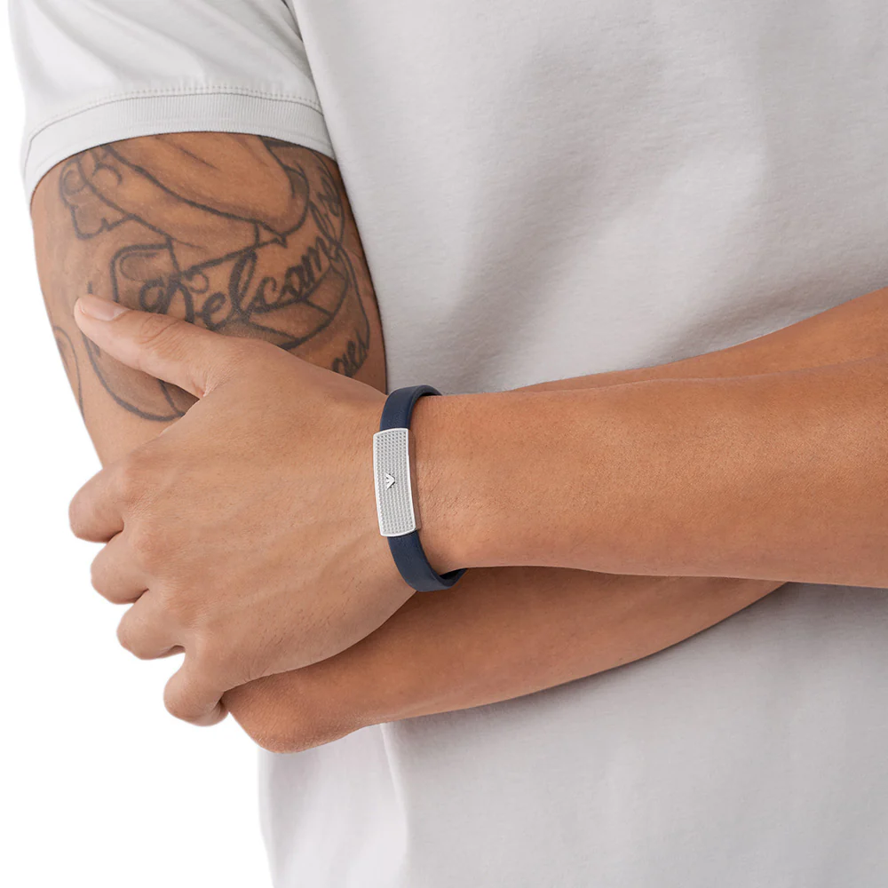Emporio Armani Stainless Steel Blue Leather ID Bracelet - Image 5
