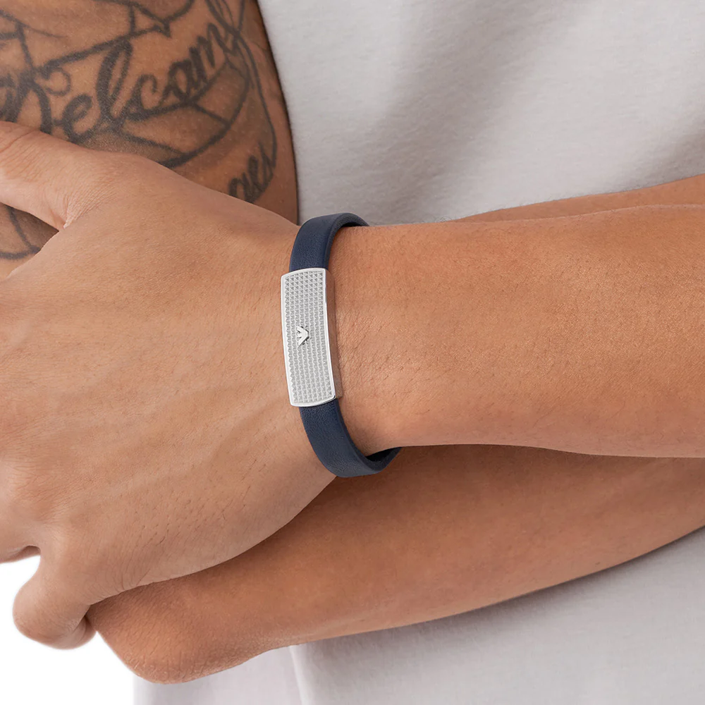 Emporio Armani Stainless Steel Blue Leather ID Bracelet - Image 6