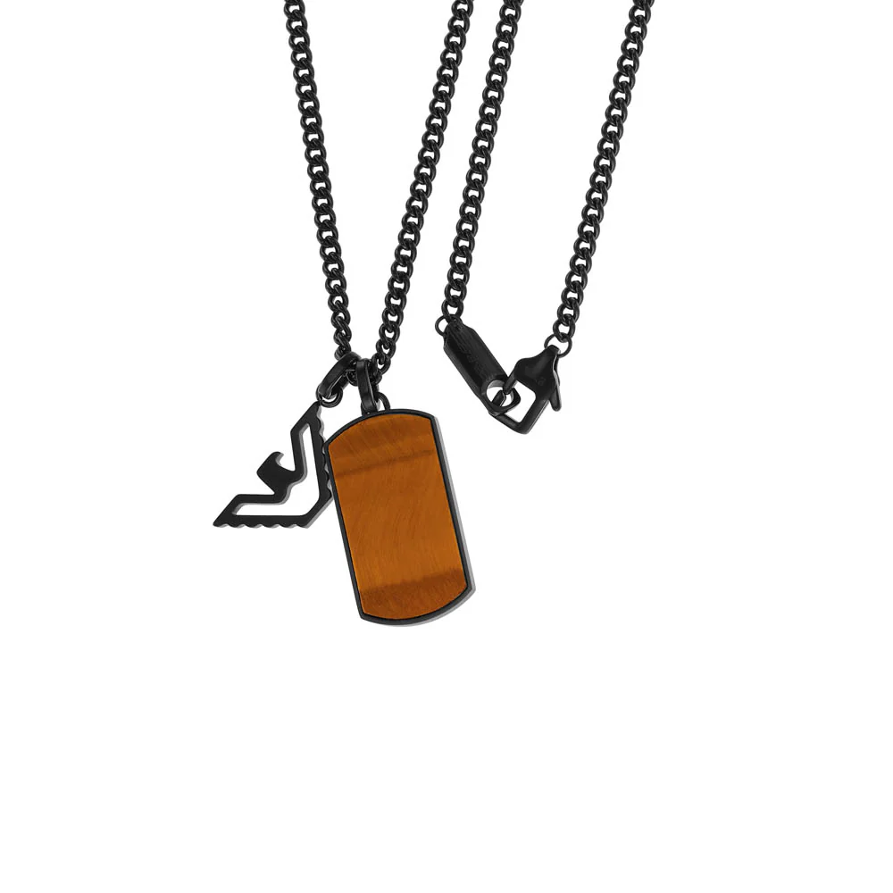 Emporio Armani Stainless Steel Brown Tiger's Eye Black Eagle Dog Tag Pendant On Chain - Image 2
