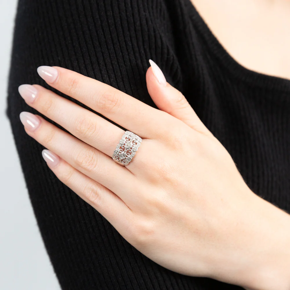 Filigree Diamond Ring with 17 Diamonds in Sterling Silver - Image 3