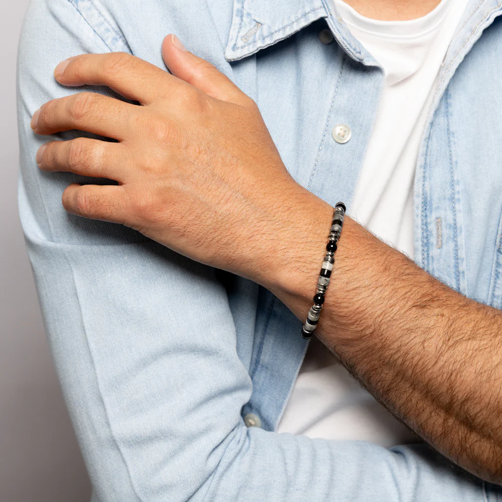 Forte Stainless Steel Black Agate, Map Stone And Black Labradorite 21+2.5cm Bracelet - Image 3
