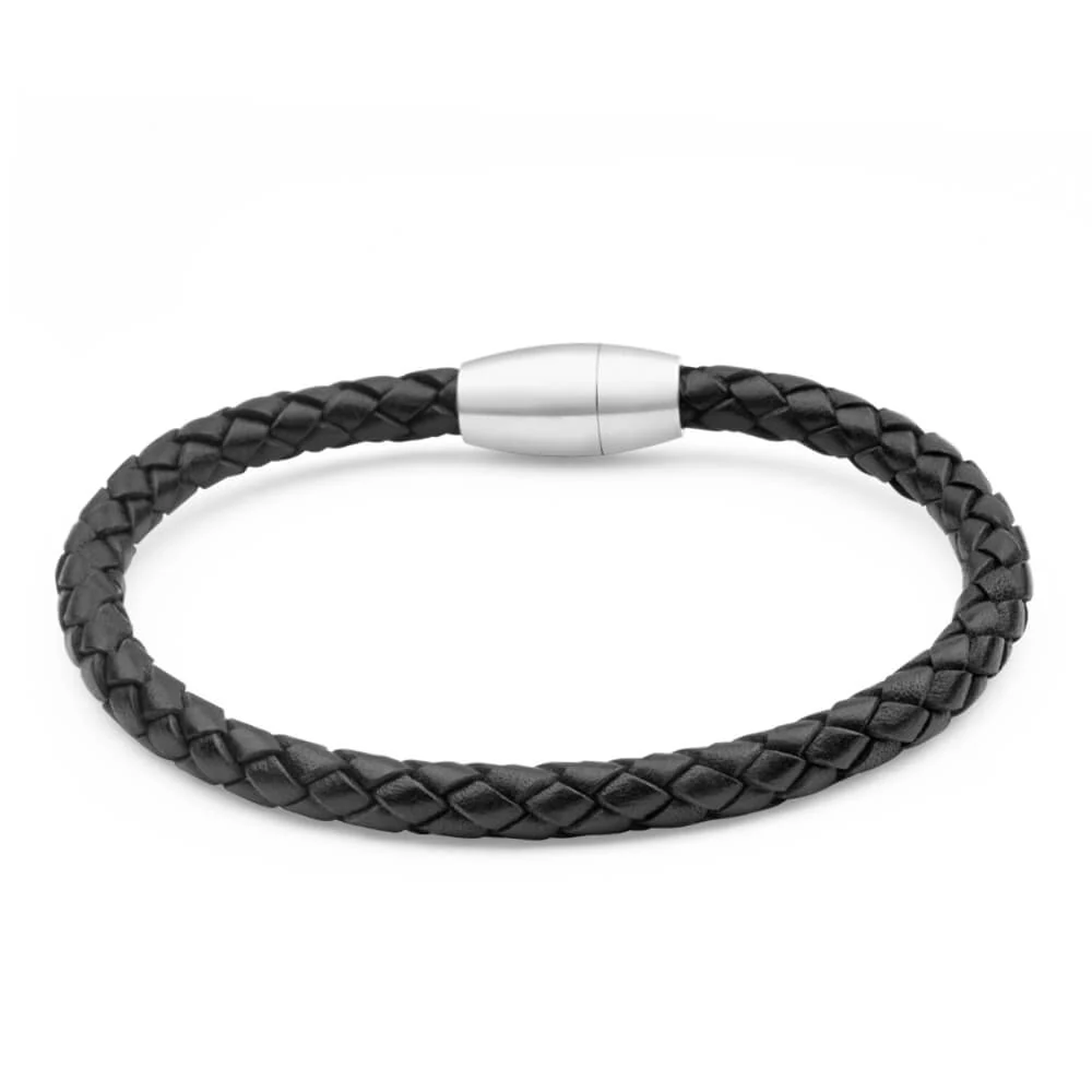 Forte Stainless Steel Black Leather 21cm Bracelet with Magnetic Clasp - Image 2