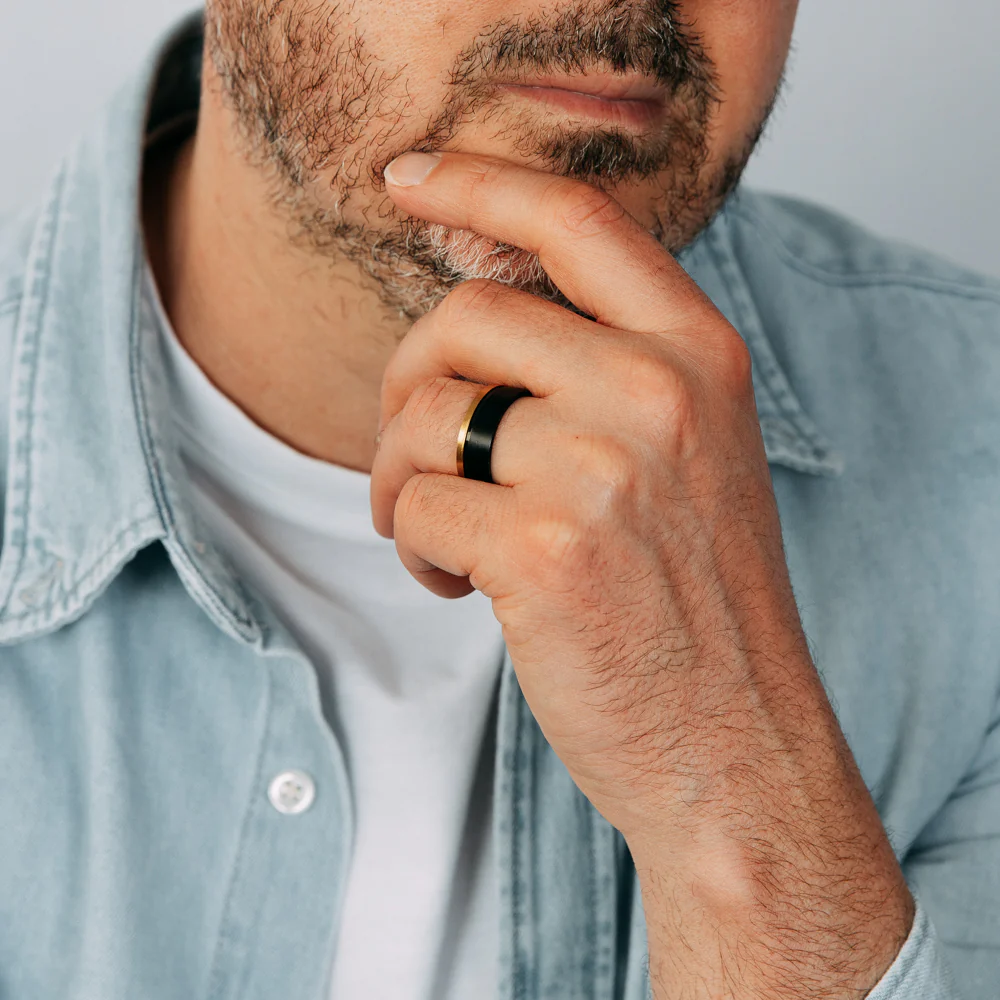 Forte Stainless Steel Gold Stripe Black Stainless Steel Ring - Image 2