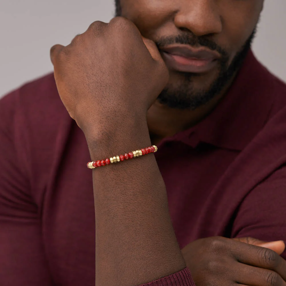 Fossil Gold Plated Stainless Steel Jewelry Red Agate Beaded Bracelet - Image 4