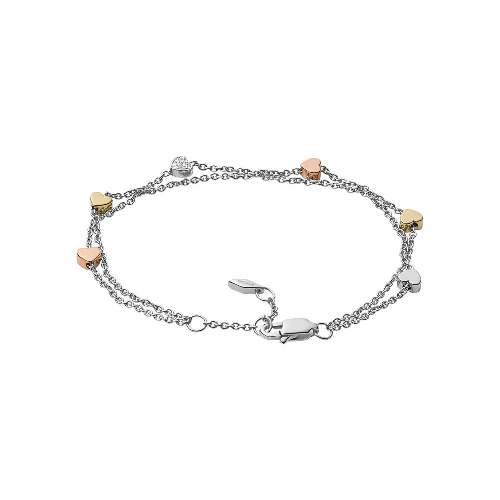 Fossil Multi Tone Gold Plated Stainless Steel Heart Double Chain Bracelet - Image 2