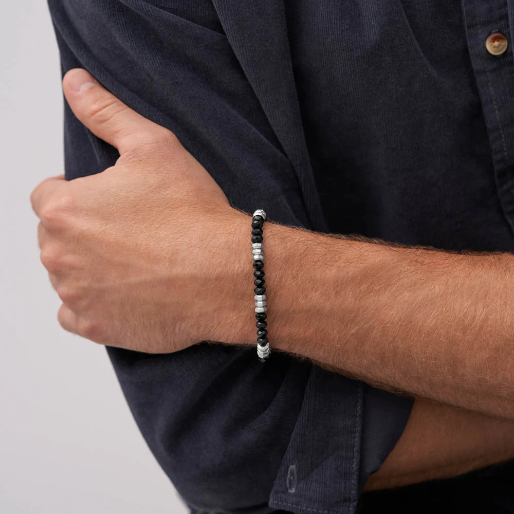 Fossil Stainless Steel Jewelry Black Agate Beaded 19+2.5cm Bracelet - Image 4