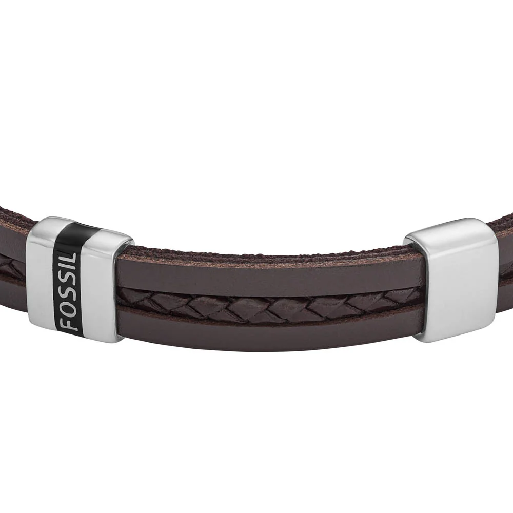 Fossil Stainless Steel Jewelry Brown Leather Strap Bracelet - Image 2
