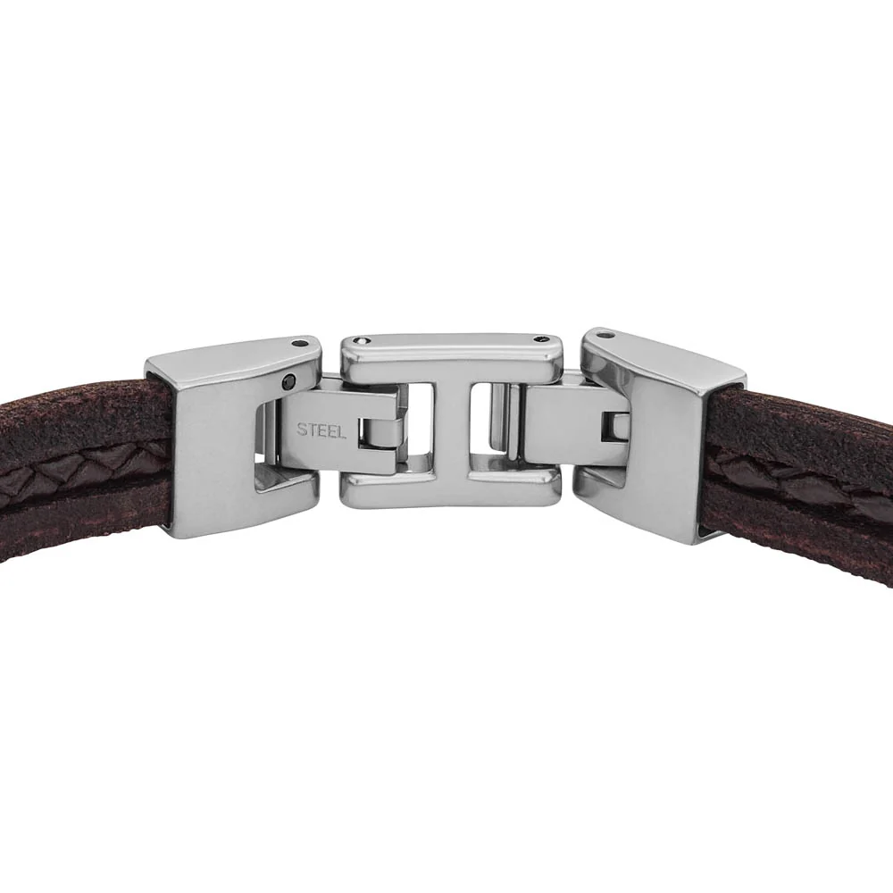 Fossil Stainless Steel Jewelry Brown Leather Strap Bracelet - Image 3