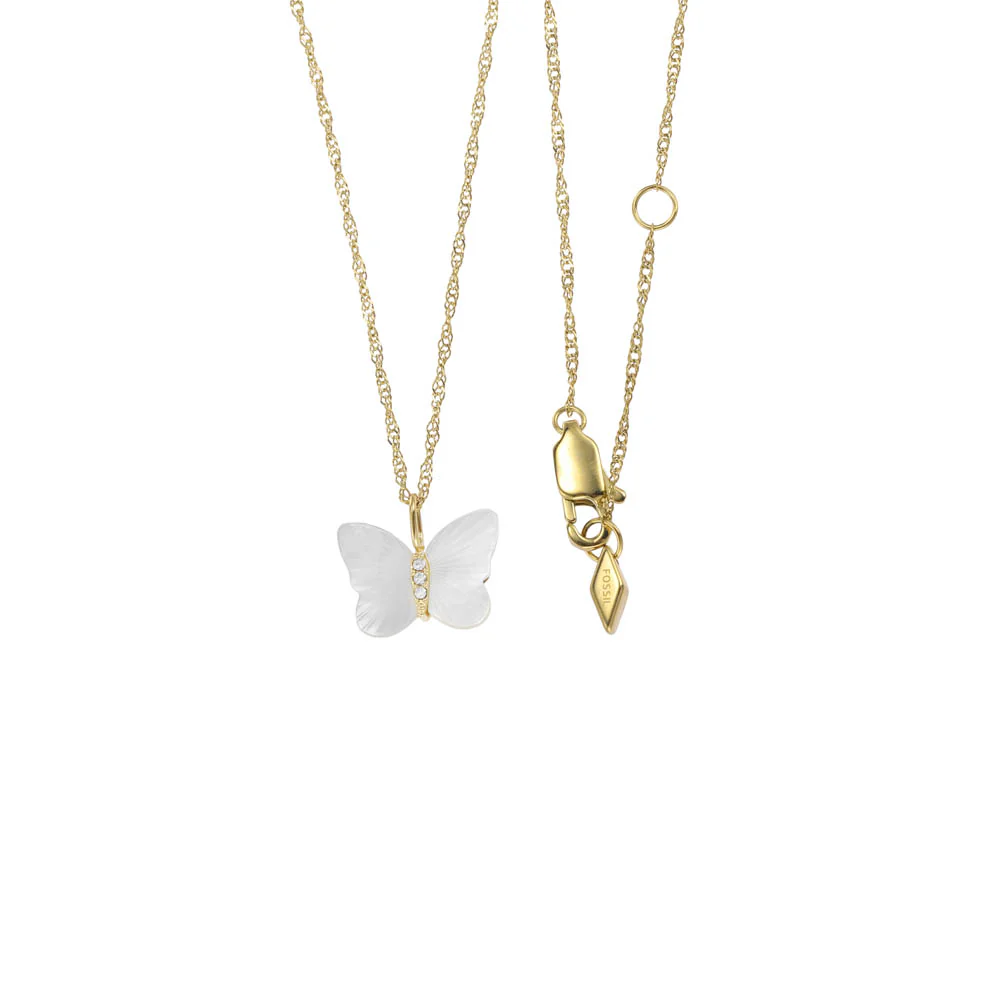 Fossil Yellow Gold Plated Stainless Steel White Mother Of Pearl Butterfly Pendant with Chain - Image 2