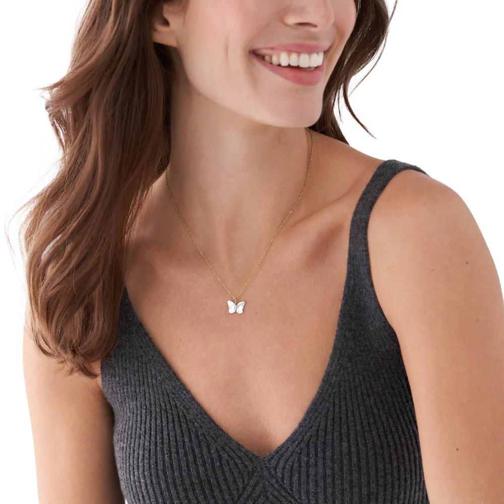 Fossil Yellow Gold Plated Stainless Steel White Mother Of Pearl Butterfly Pendant with Chain - Image 5