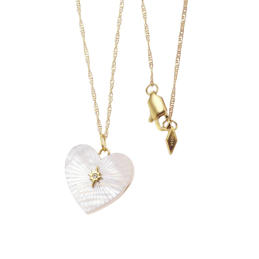 Fossil Yellow Gold Plated Stainless Steel White Mother Of Pearl Heart Locket Pendant On Chain - Image 2