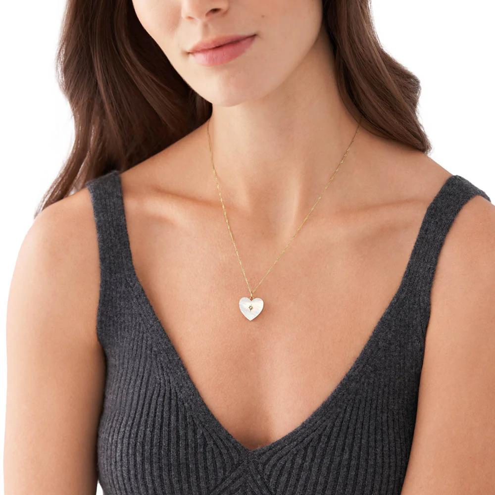 Fossil Yellow Gold Plated Stainless Steel White Mother Of Pearl Heart Locket Pendant On Chain - Image 5