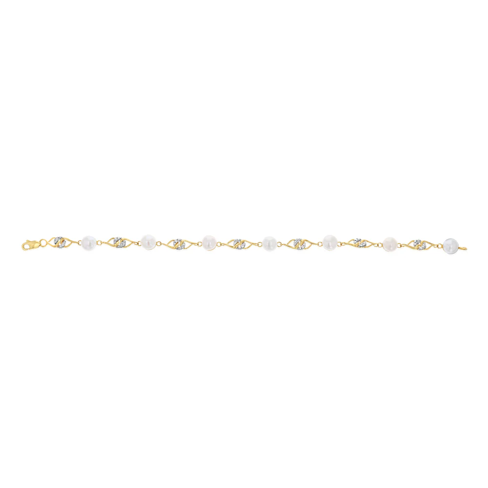 Freshwater Pearl & Diamond Bracelet 18cm in 9ct Yellow Gold - Image 2