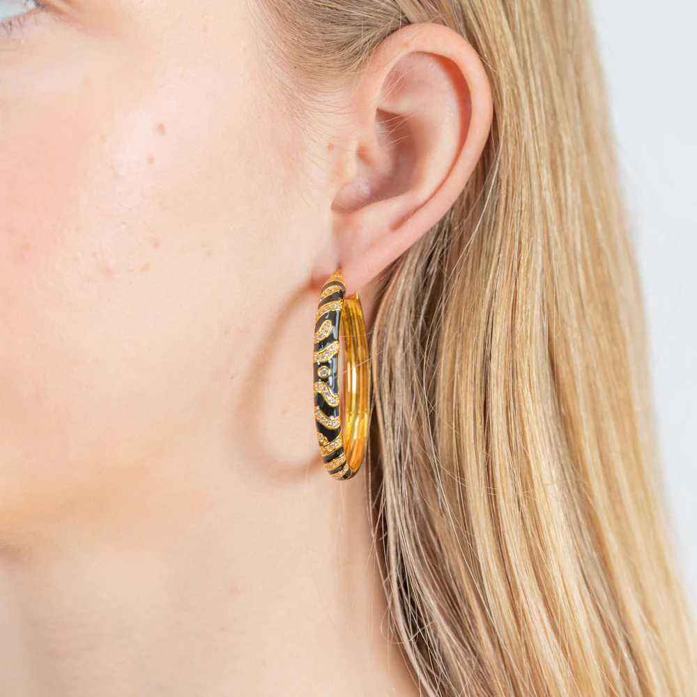 Gold Plated Cubic Zirconia and Black Enamel Hoop Earrings - Image 2
