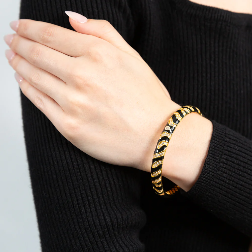 Gold Plated Enamel and Zirconia Tiger Bangle 65mm - Image 3