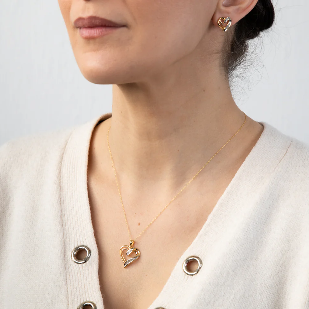 Gold Plated Silver 1/4 Carat Diamond Heart Pendant & Earrings Set Chain Included - Image 4
