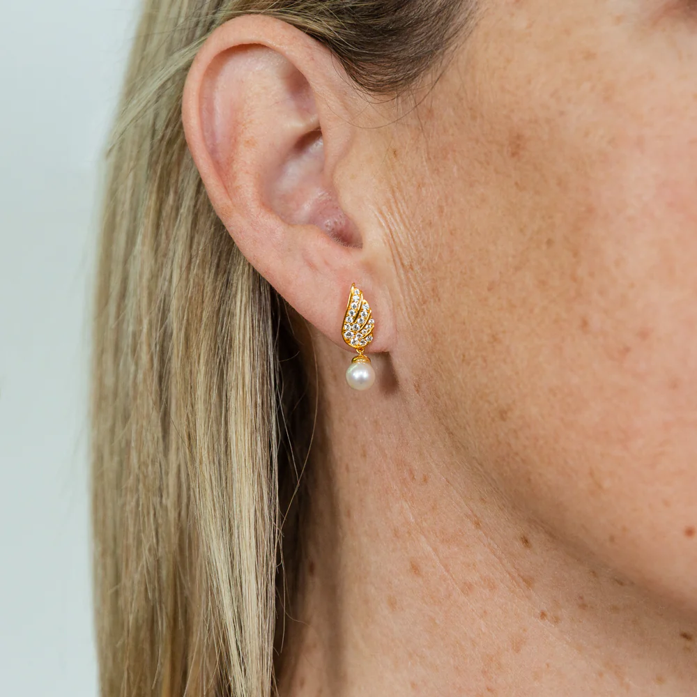 Gold Plated Silver Freshwater Pearl & Cubic Zirconia On Wings  Drop Earrings - Image 2