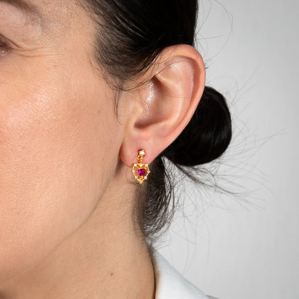 Gold Plated Sterling Silver Created Ruby Drop Earrings - Image 2