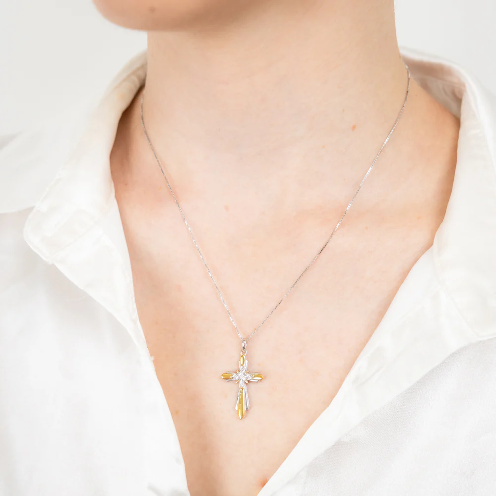 Gold Plated Sterling Silver Cross Diamond Pendant with 5 Round Diamonds on 46cm Chain - Image 2