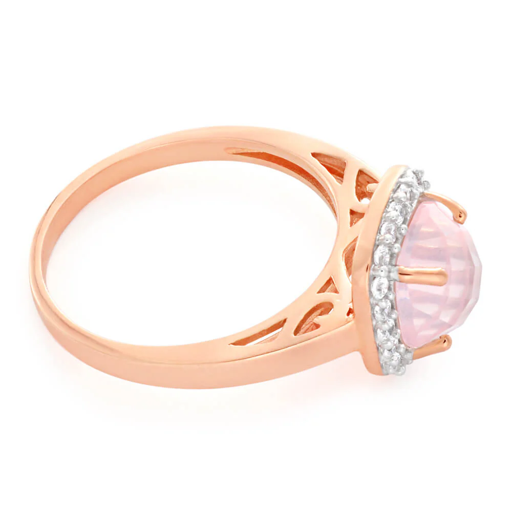 Gold Plated Sterling Silver Cubic Zirconia + Rose Quartz Square Ring - Image 2
