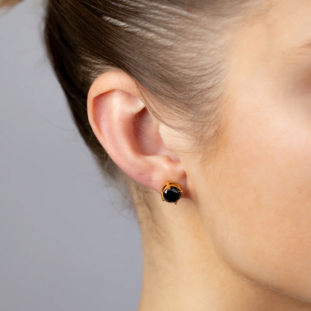Gold Plated Sterling Silver CZ Black Stud Earrings - Image 2