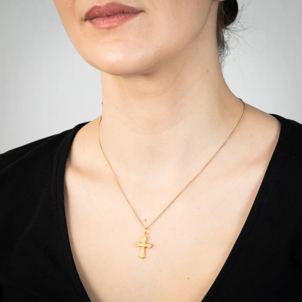 Gold Plated Sterling Silver Engraved Cross Pendant - Image 2
