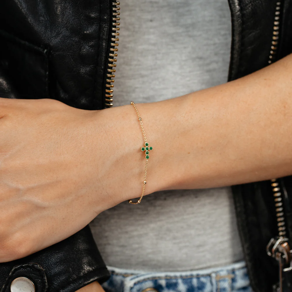 Gold Plated Sterling Silver Green CZ Cross Bracelet - Image 4