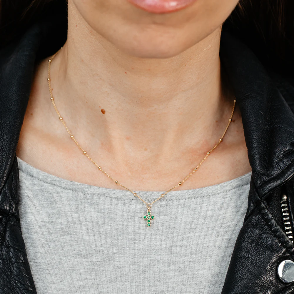 Gold Plated Sterling Silver Green CZ Cross Necklace - Image 3