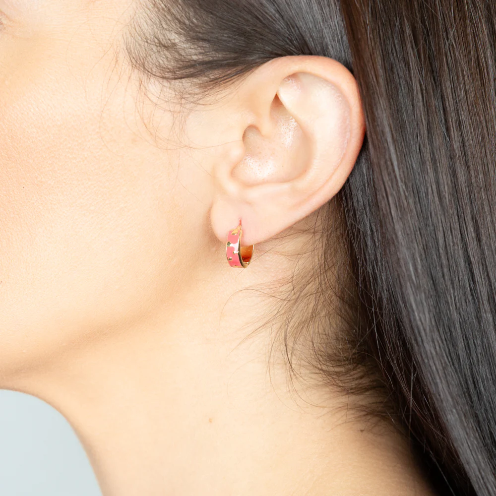 Gold Plated Sterling Silver Hearts Pink Enamel 13mm Hoop Earrings - Image 2