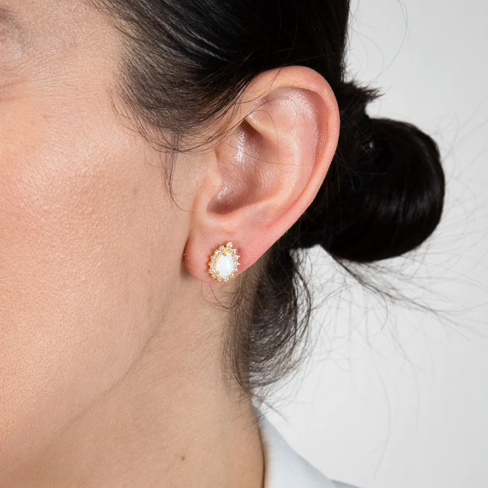 Gold Plated Sterling Silver Pear Created Opal White Cubic Zirconia Studs Earrings - Image 2