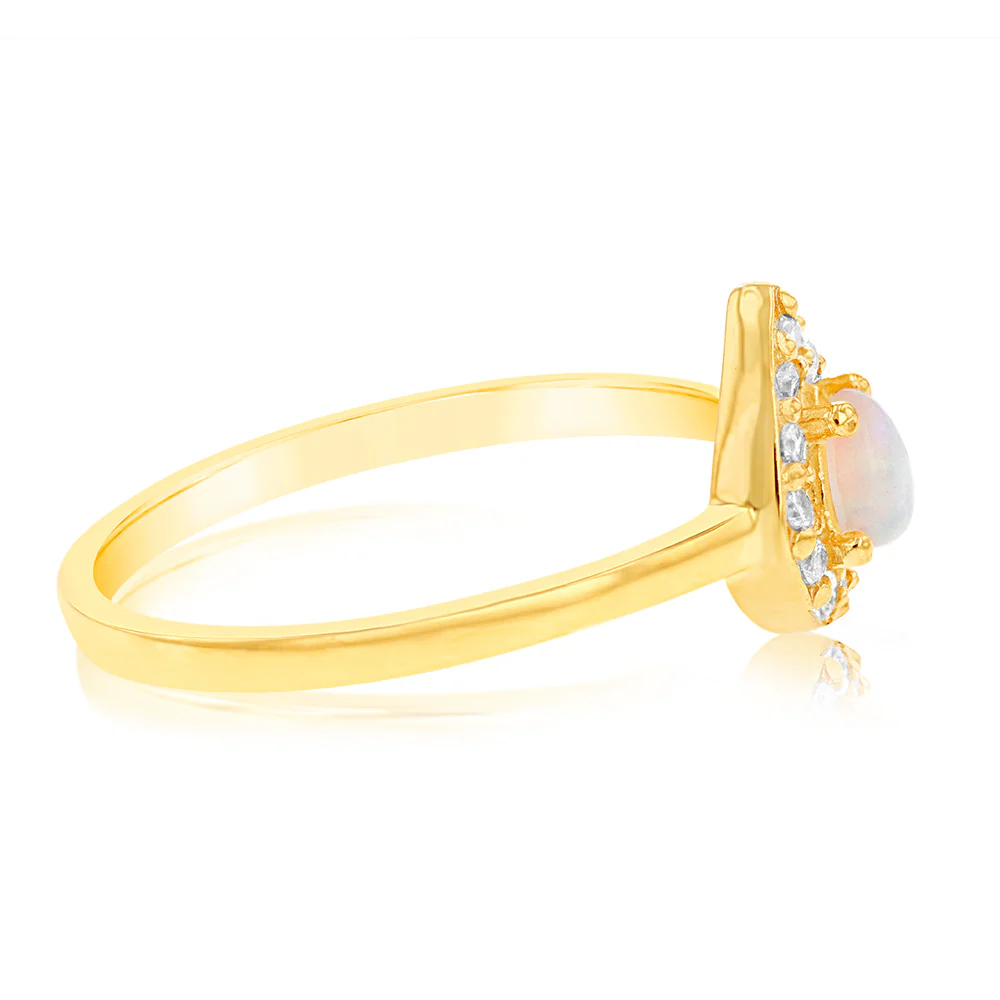 Gold Plated Sterling Silver Pear Created Opal White Cubic Zircornia Ring - Image 2