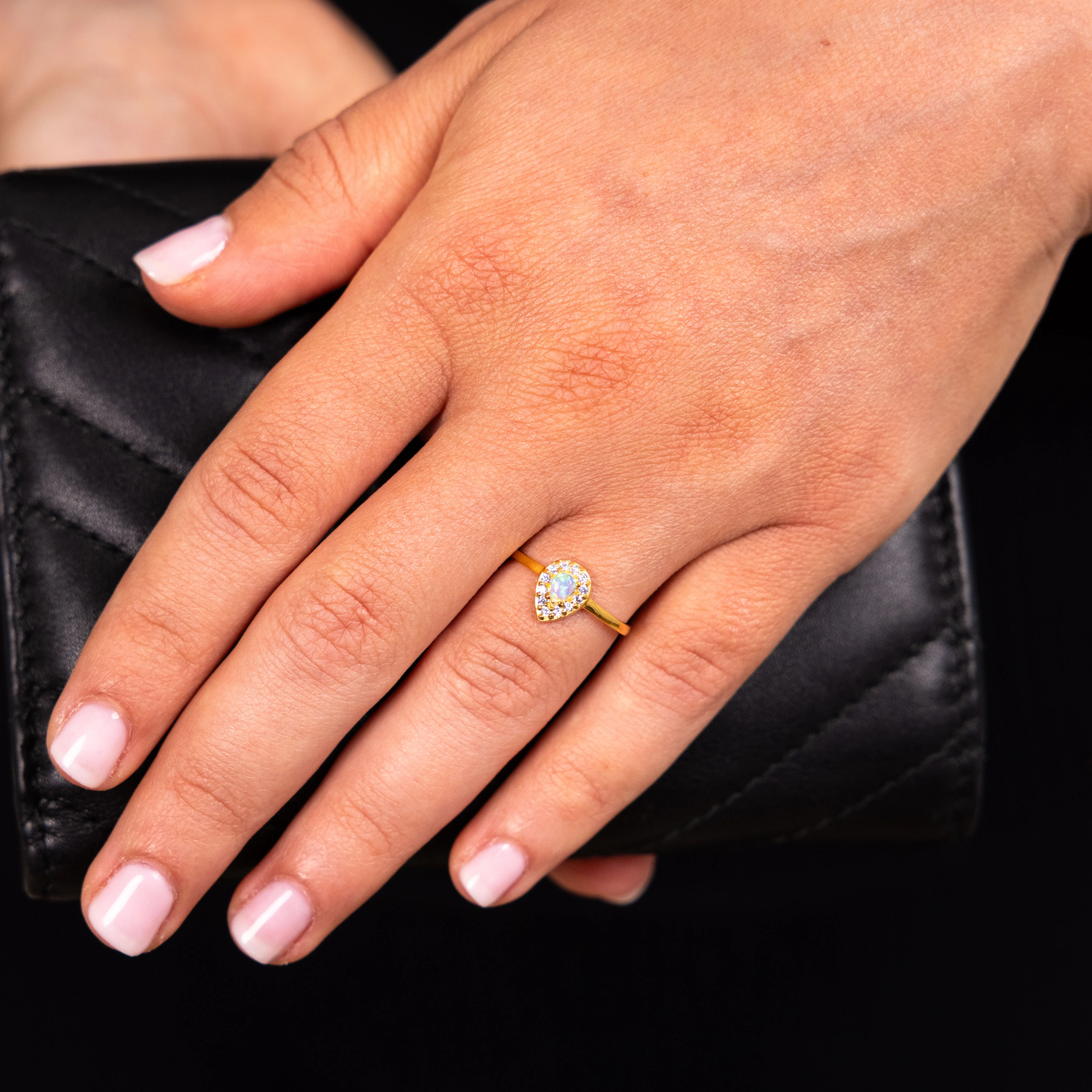 Gold Plated Sterling Silver Pear Created Opal White Cubic Zircornia Ring - Image 3