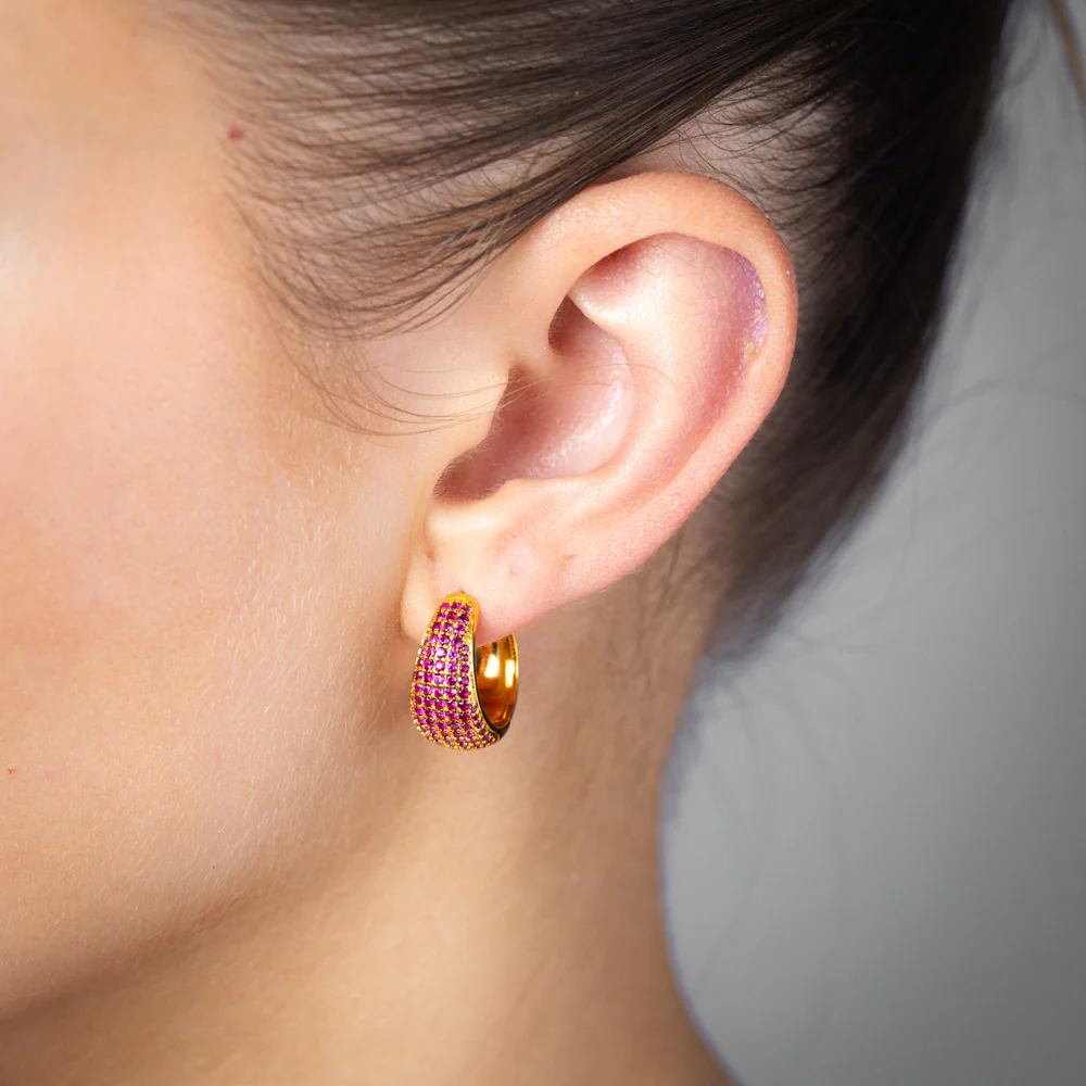 Gold Plated Sterling Silver Red Pave Huggie Earrings - Image 2