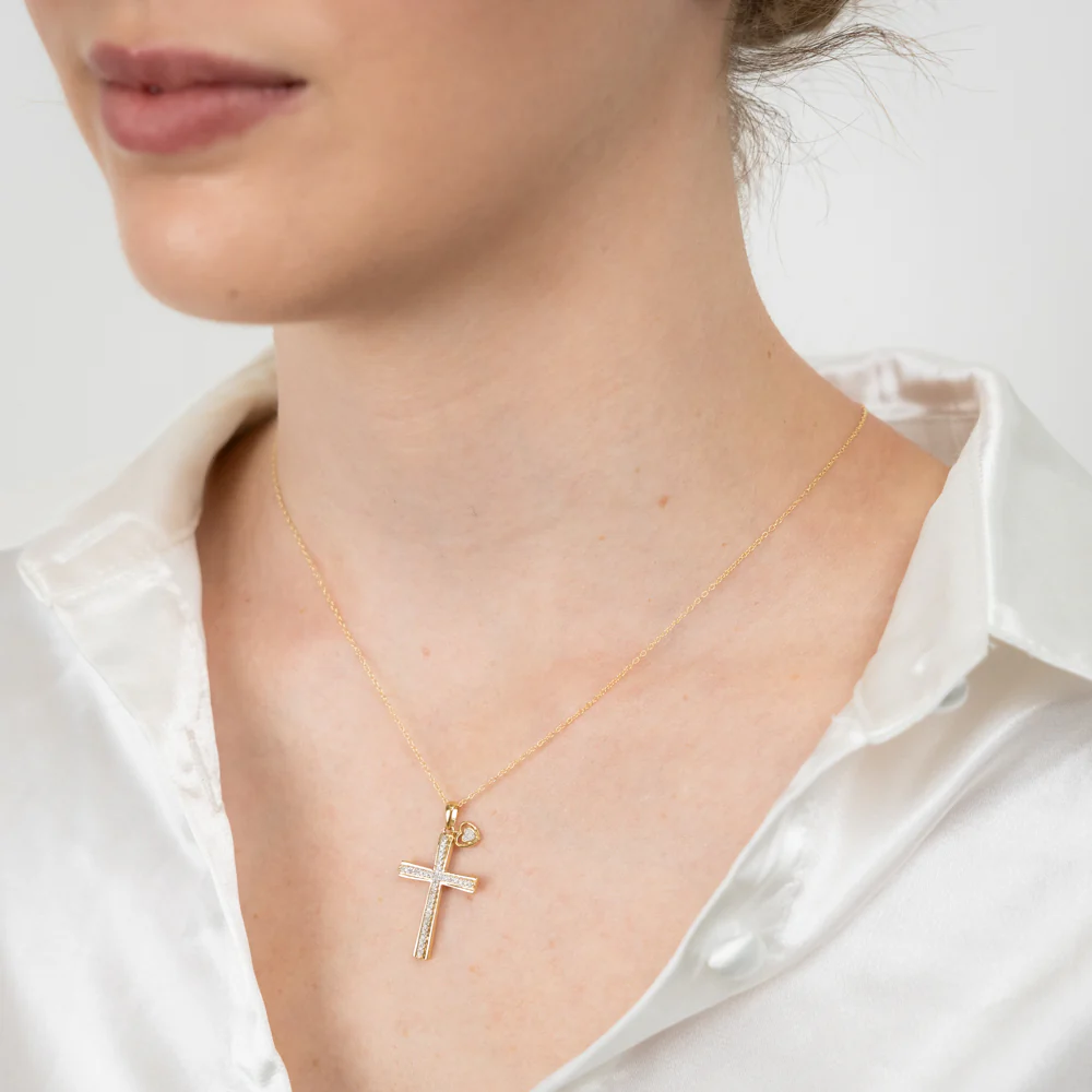 Gold Plated Sterling Silver Religious Cross and Heart Pendant on 46cm Chain - Image 2