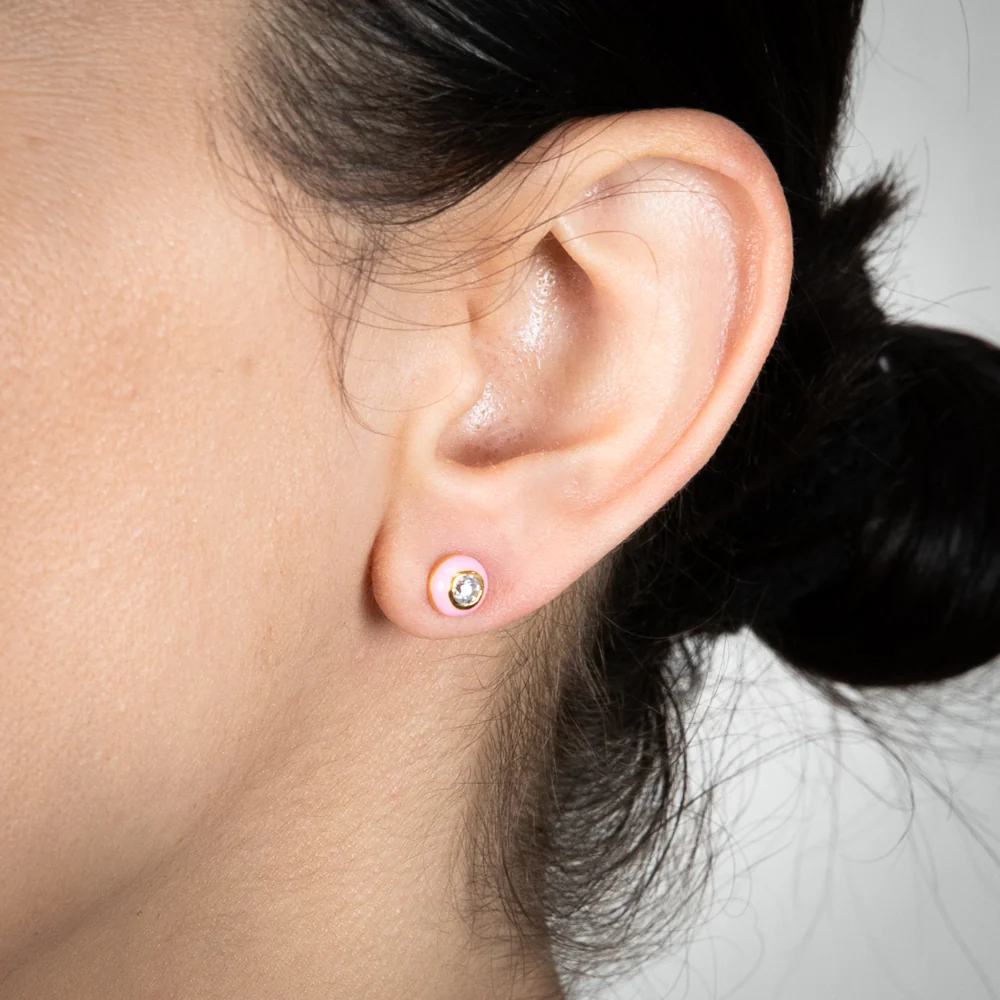 Gold Plated Sterling Silver Round Pink Enamel and Cubic Zirconia Studs Earrings - Image 2