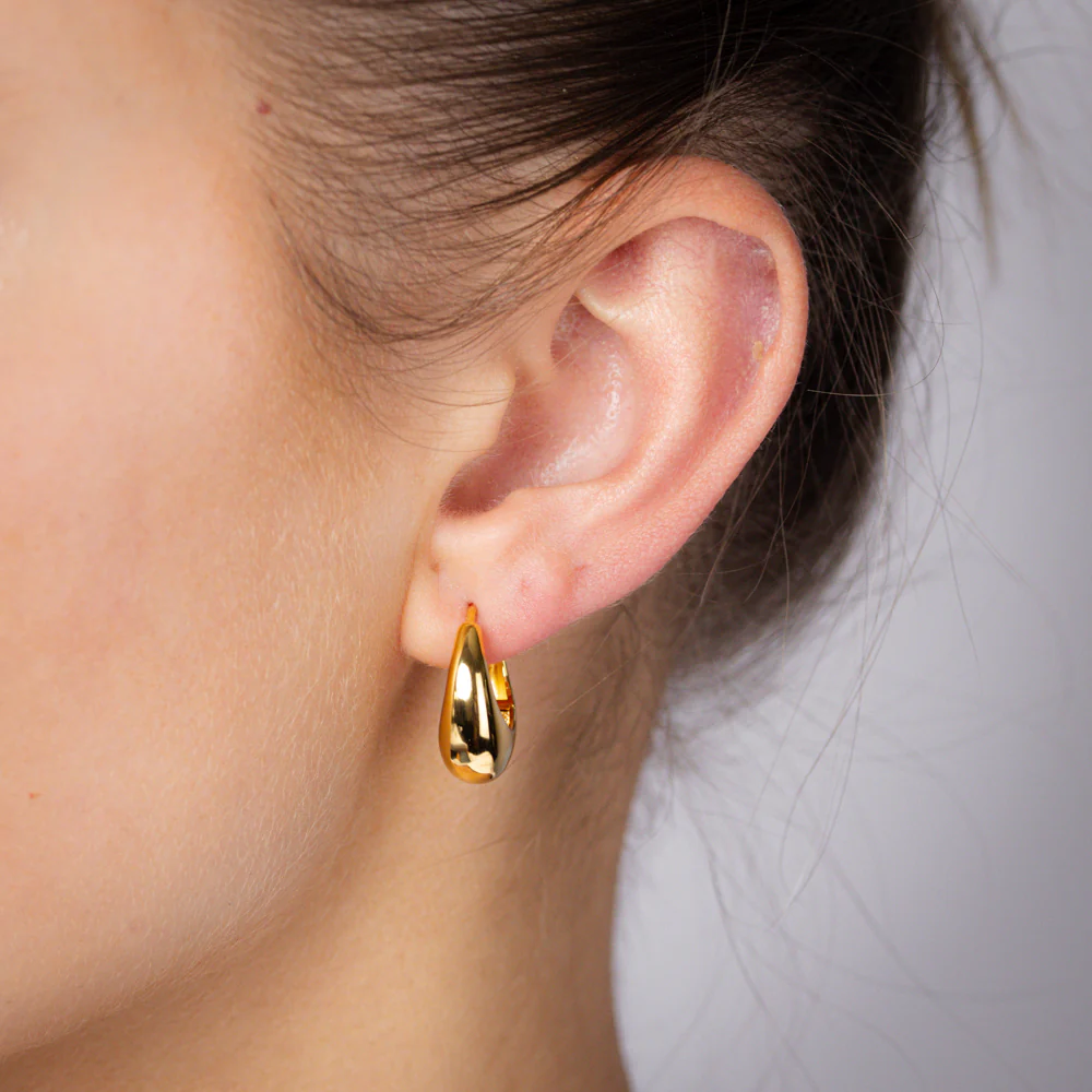 Gold Plated Sterling Silver Teardrop Huggie Earrings - Image 2