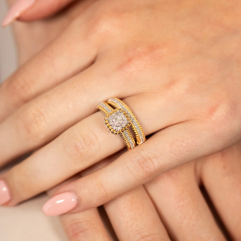 Gold Plated Sterling Silver1/4 Carat Diamond 2 Ring Bridal Set - Image 3