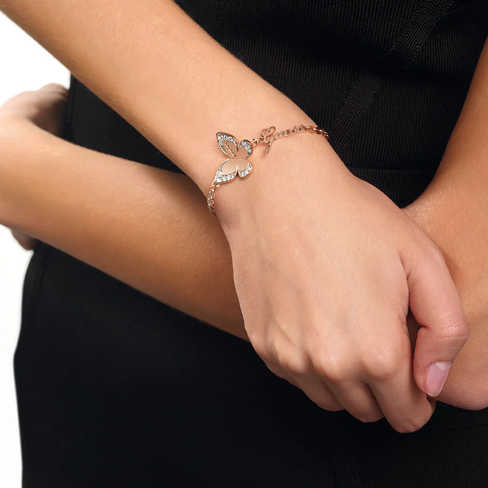 GUESS Rose Gold Plated Butterfly and Logo Bracelet - Image 2