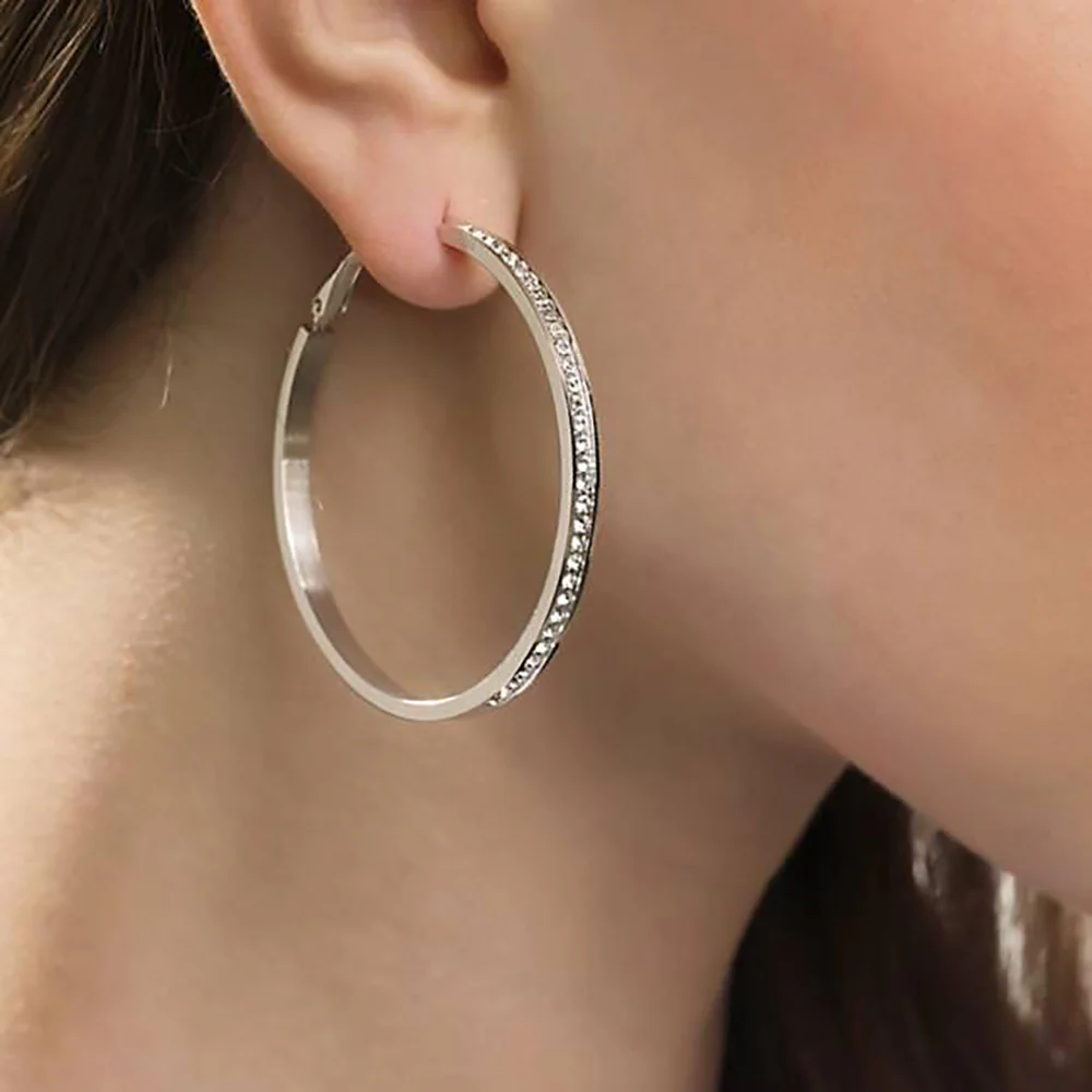 GUESS Silver Plated 50mm Front Crystal Pave Hoops - Image 2