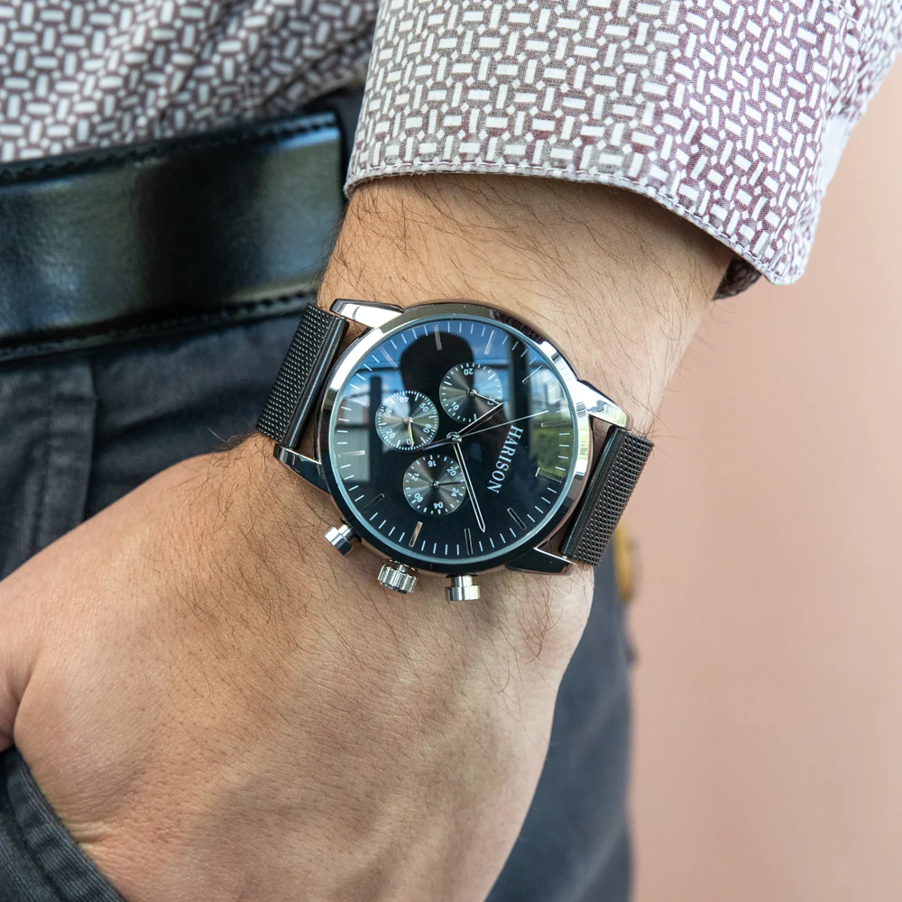 Harison Crew G0099SNS Black Stainless Steel Watch with Decorative Sub-Dials - Image 2
