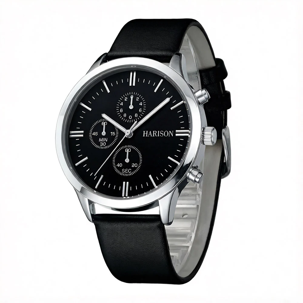 Harison Ezra GH025-SBB 40mm Black Leather Watch with Imitation Sub Dials - Image 2