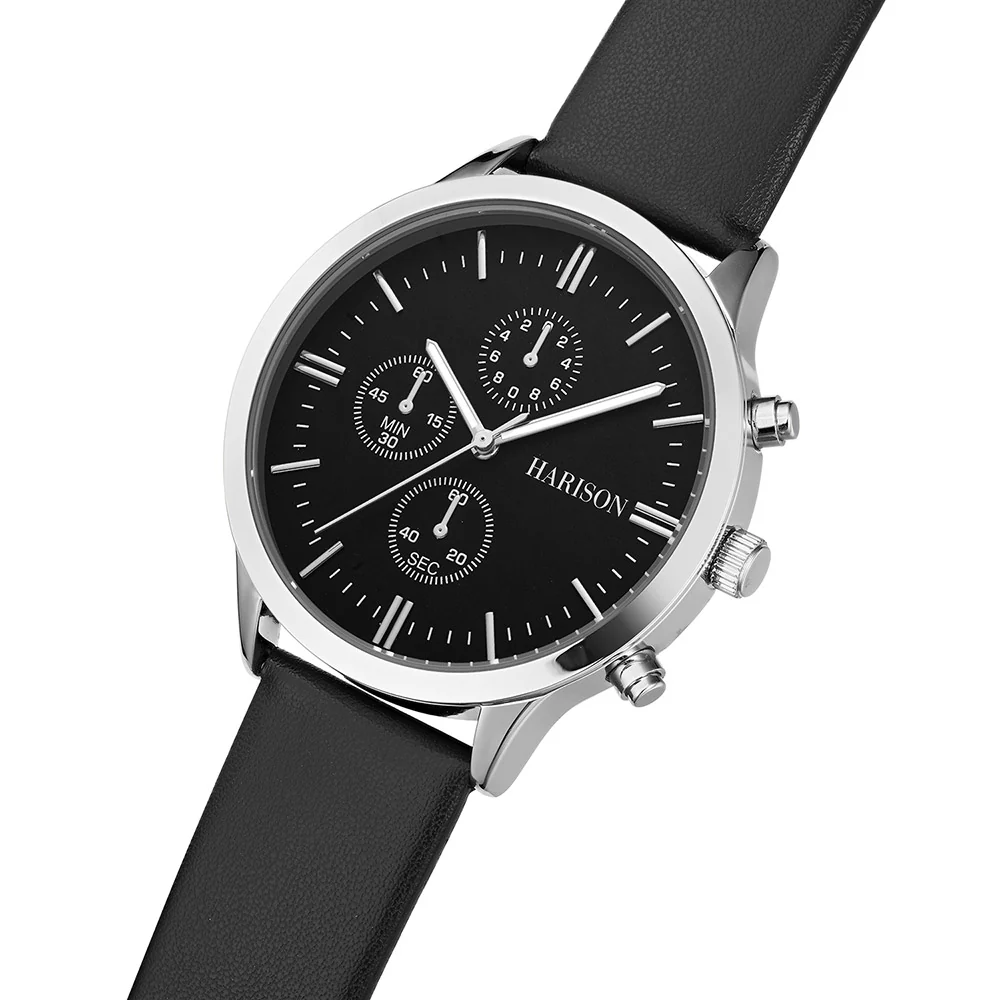 Harison Ezra GH025-SBB 40mm Black Leather Watch with Imitation Sub Dials - Image 3