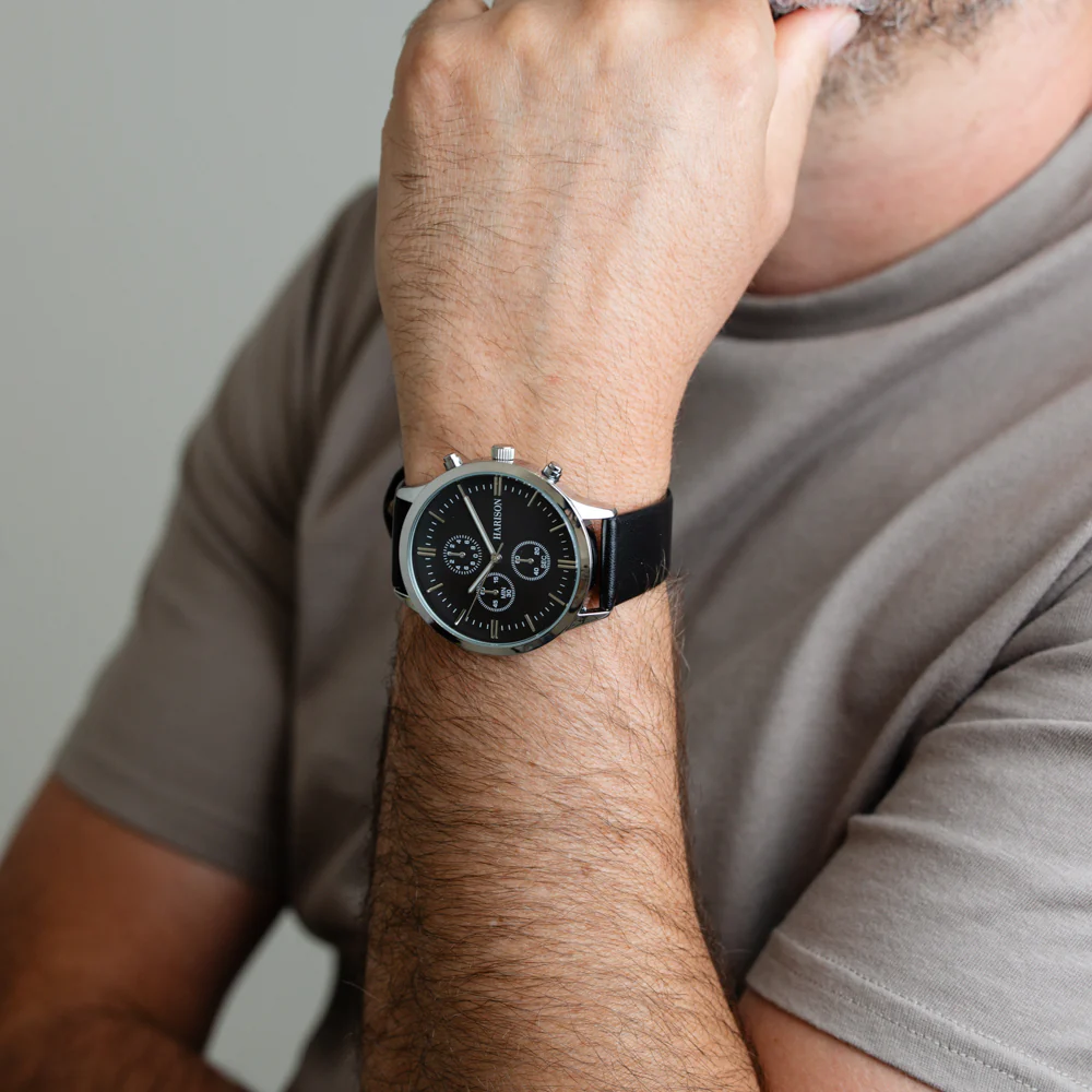 Harison Ezra GH025-SBB 40mm Black Leather Watch with Imitation Sub Dials - Image 5