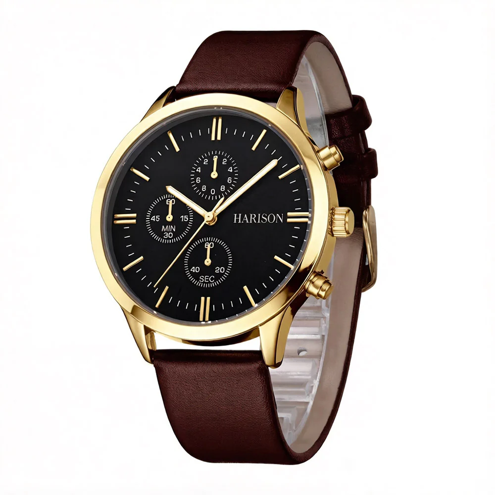 Harison Ezra GH025-YBBR 40mm Brown Leather Watch with Imitation Sub Dials - Image 2