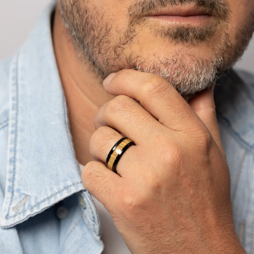 Laminated Stainless Steel Black Ring with Wood Inly - Image 2