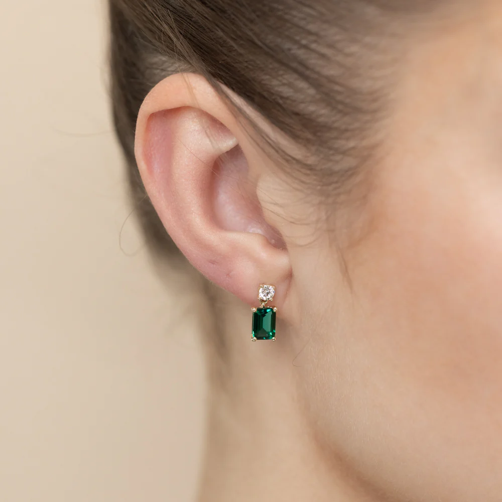 Luminesce Lab Grown 0.30 Carat Diamond and 1.70 Carat Created Emerald Stud Earrings in 9ct Yellow Gold - Image 2