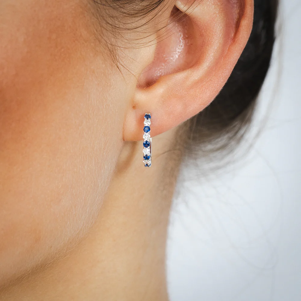 Luminesce Lab Grown 0.40 Carat Created Sapphire with 1/4 Carat Diamond Hoop Earrings in Sterling Silver - Image 2